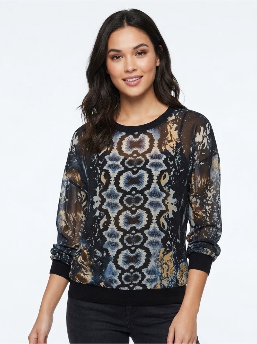 Cabi Sheer Python Snakeskin Print Chiffon Long Sleeve Blouse Top Size Small